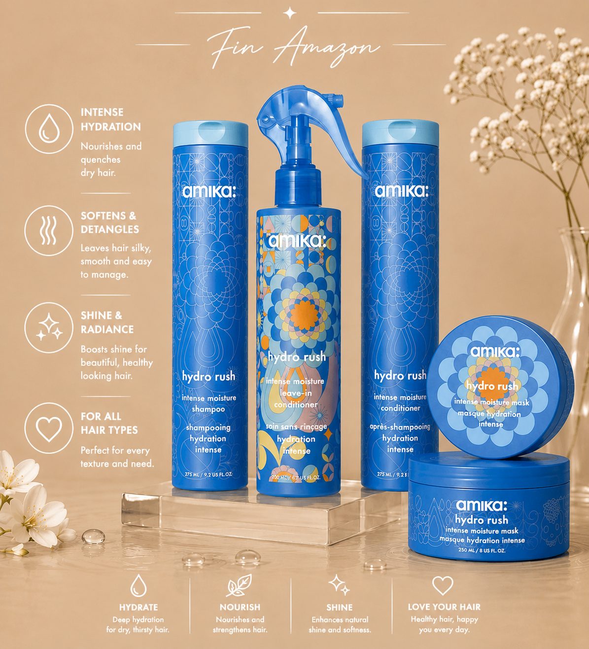 Amika hair product recommendations for hydration and styling from Jenn Rose, slide 1.
